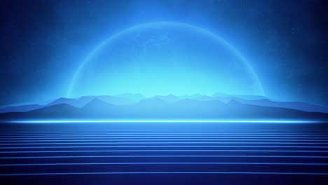 las líneas azules retro futuristas de los años 80, las montañas y el planeta brillante.