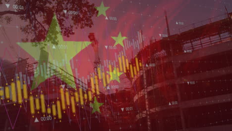 animation of flag of china and data processing over building site