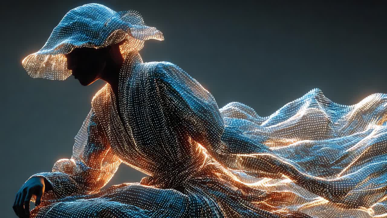 Breathtaking Ethereal Figure Draped in Luminescent Fabric, Showcasing a Dynamic Play of Light and Motion, Captured in a Glowing Silhouette Representing Artistic Expression and Imagination