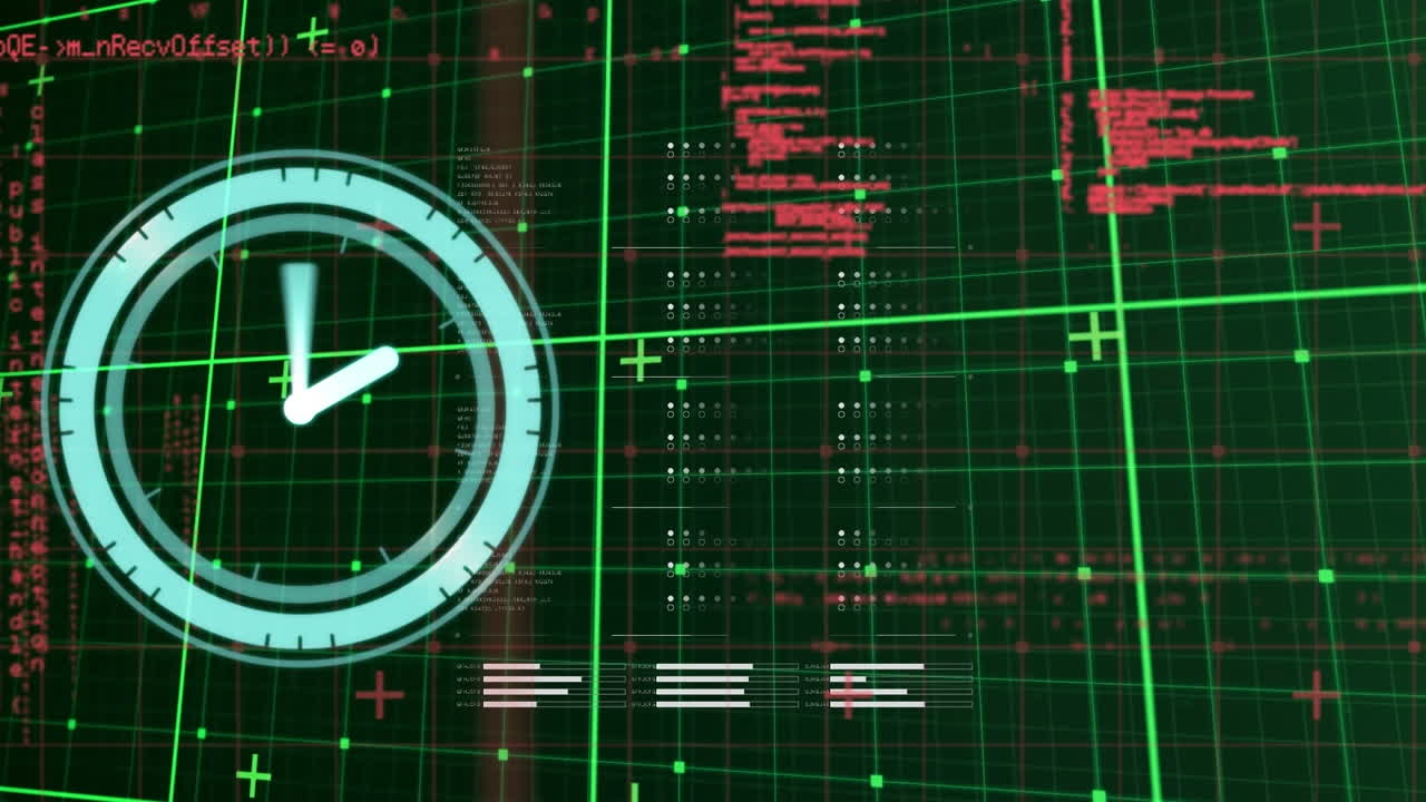 Animation of clock moving and data processing on black background