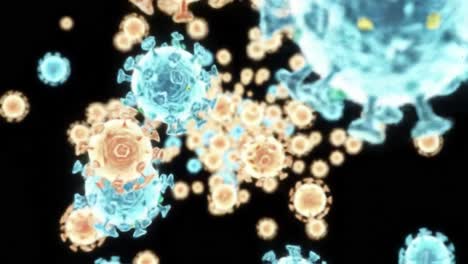 a stunning visualization of microscopic particles in motion, capturing the intricacies of viral structures and their dynamics in a dark environment