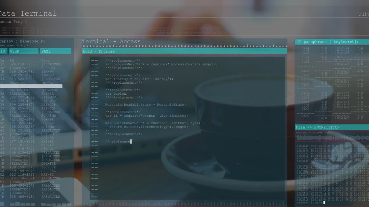 Animation of computer language and interface over coffee cup and caucasian man working on laptop