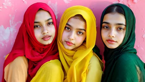 three young girls wearing colorful headscarves