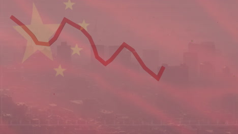 animation of flag of china and financial data processing over cityscape