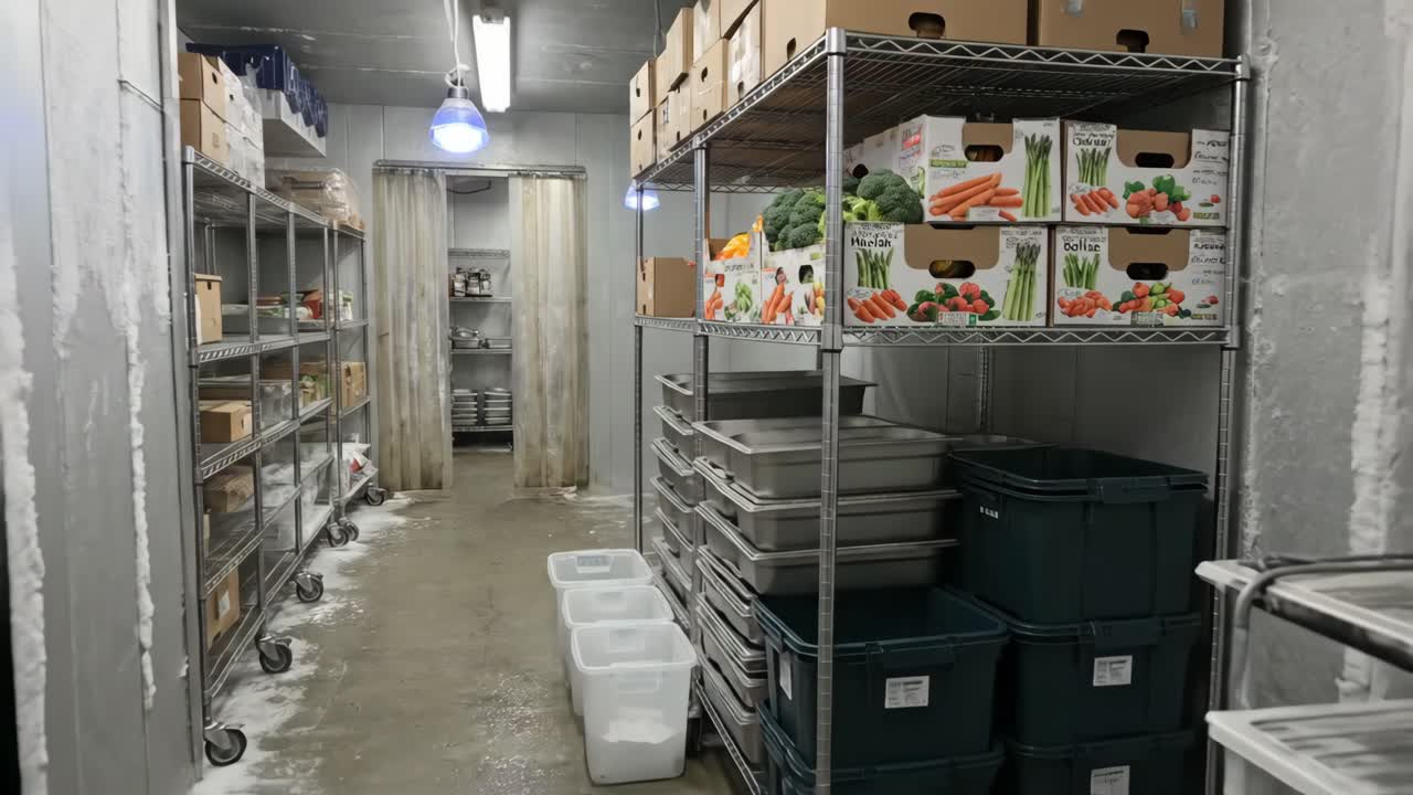 Vista interna de uma câmara fria comercial com armazenamento de alimentos