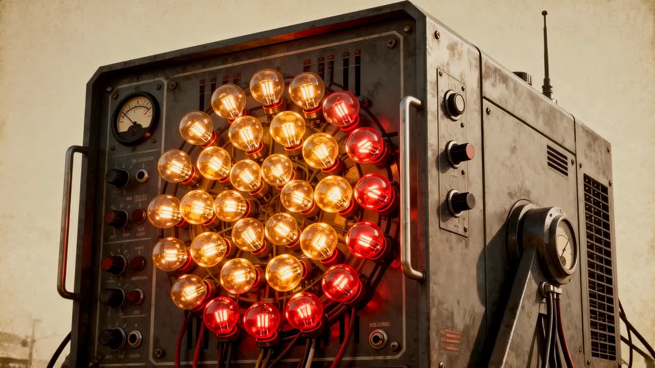 Alimentazione di un'unità di controllo vintage, lampadine circolari che illuminano l'officina, con indicatore, manopole e cavi