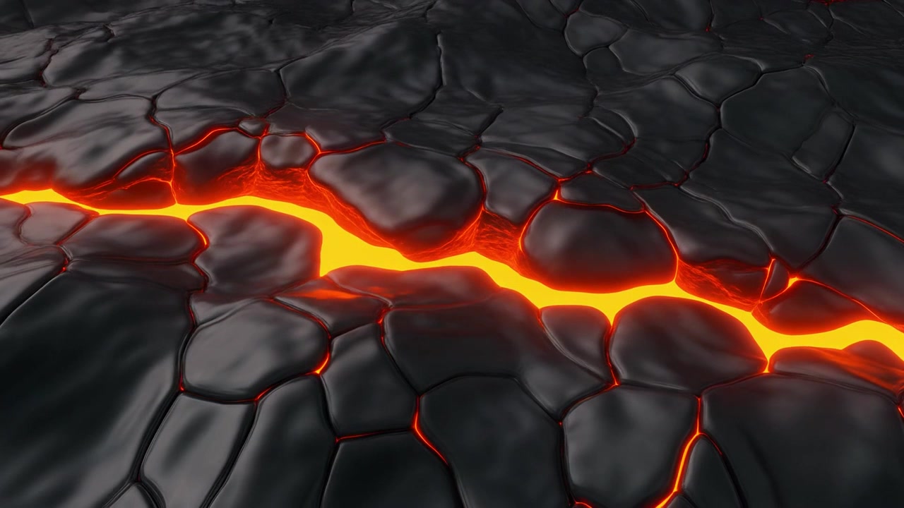 La lava fusa scorre attraverso le fessure della roccia vulcanica oscura