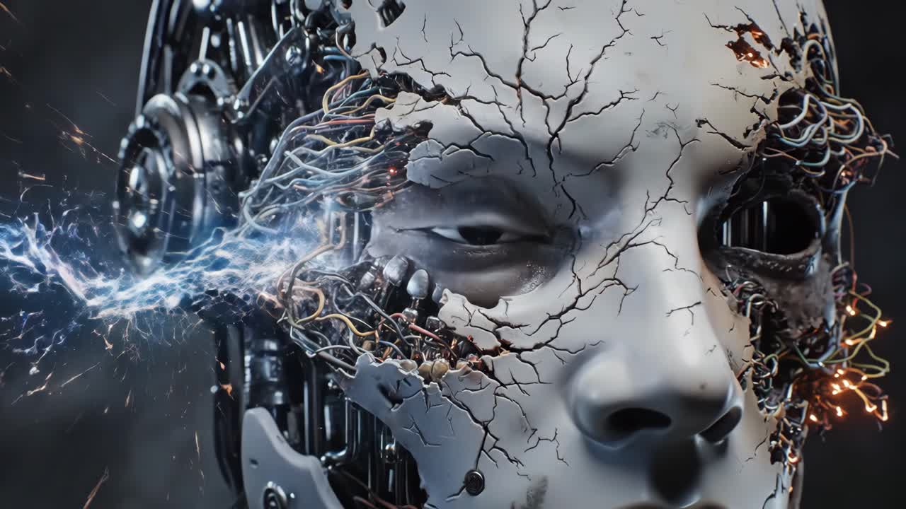 AI Robot with Cracked Face