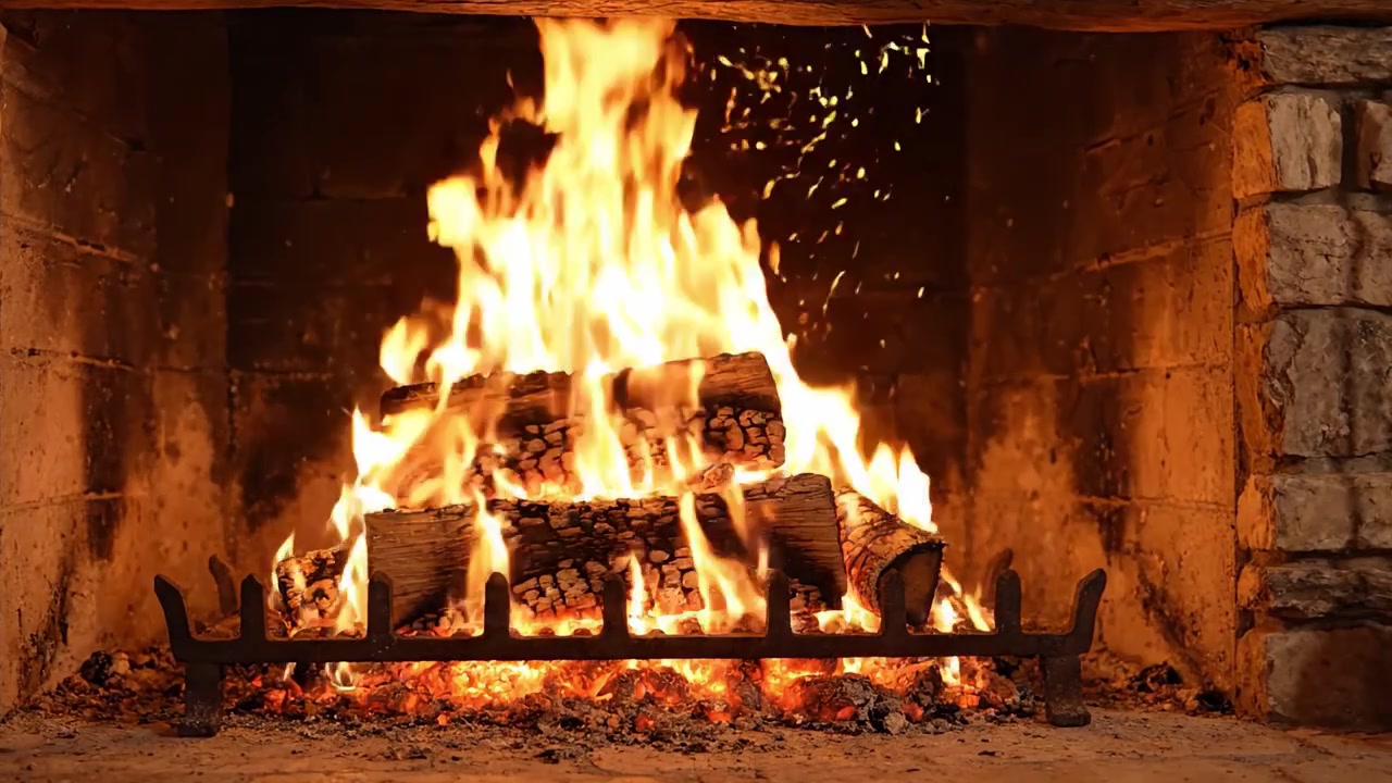 Et fængslende skue af flammende flammer i en stenpejs, der skaber en varm og indbydende atmosfære perfekt til hyggelige sammenkomster og afslapning