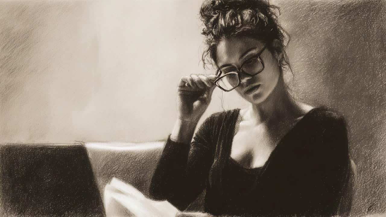 A focused woman engages in study, balancing reading and note-taking while contemplating ideas. Captured in a serene atmosphere, she embodies perseverance and intellectual curiosity