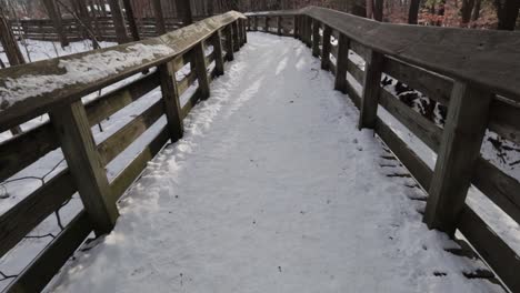 Frozen-pathway-covered-in-snow-near-a-frozen-waterfall