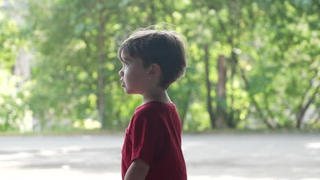 slow motion video of a young little boy in a red t-shirt walking in woods