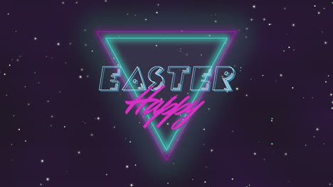 happy easter with neon retro triangle in dark galaxy