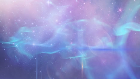 Animation-of-glowing-stars-on-blue,-pink-and-purple-light-trails-in-universe