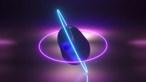 abstract background with morphing dark spheres illuminated by neon rings. 3d animation of seamless loop