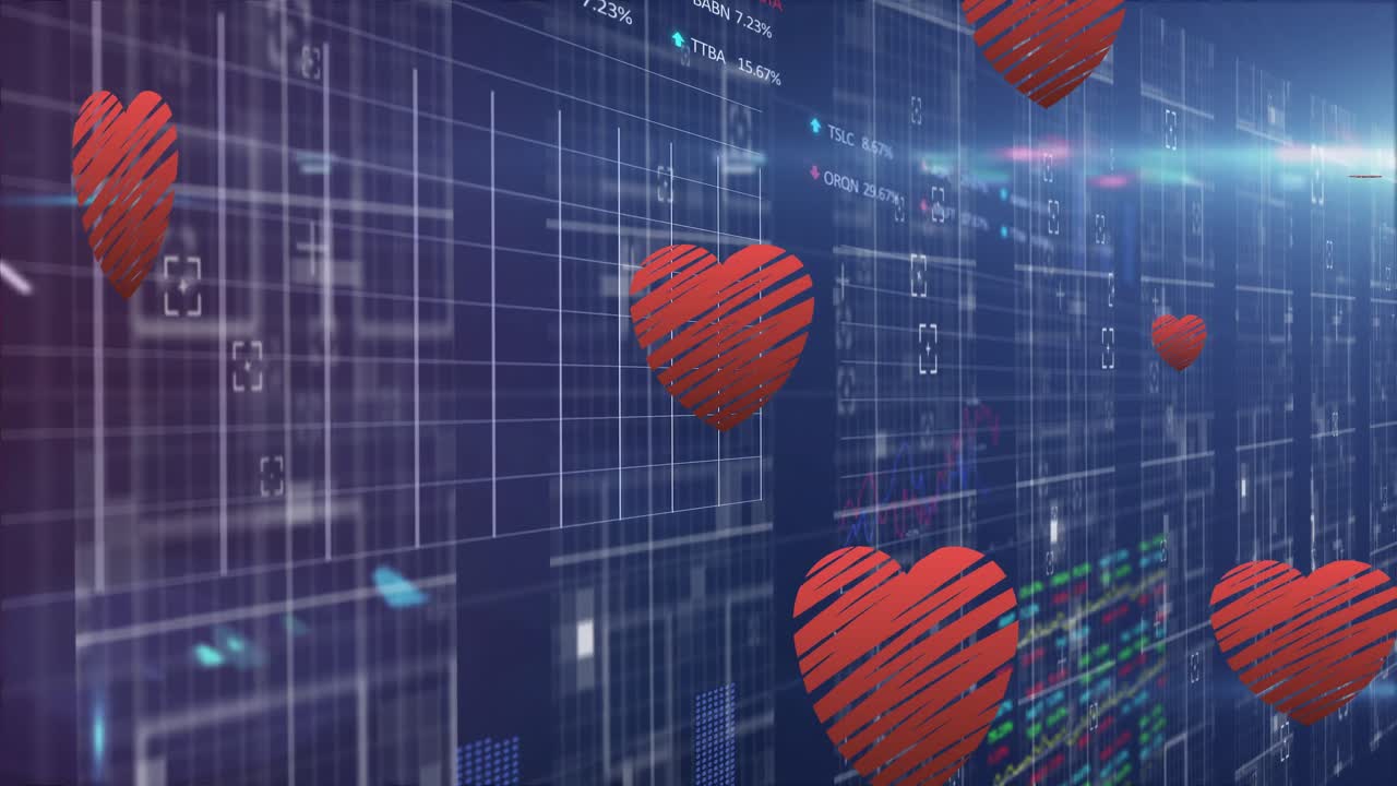 animación de iconos de corazón sobre gráficos y procesamiento de datos