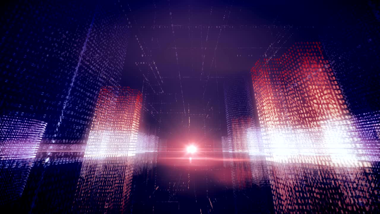 이진 코드 공간에서 가상 디지털 도시에서 원활한 추상적인 비행, 보라색