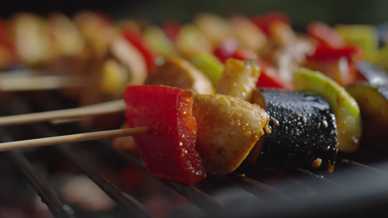 Preparing Veggie Skewers on BBQ Grill