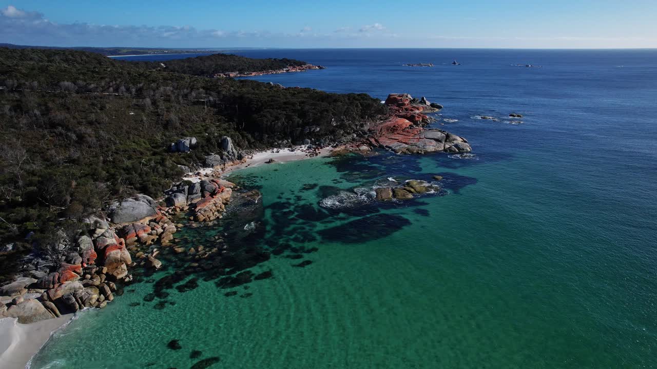 Cosy Corner And Surrounding Seascape In Binalong Bay, Tasmania, Australia - Aerial Pullback