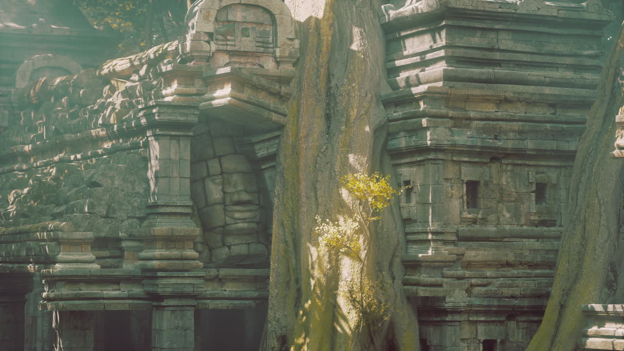 Ancient temple ruins in cambodia embraced by a giant tree at sunset