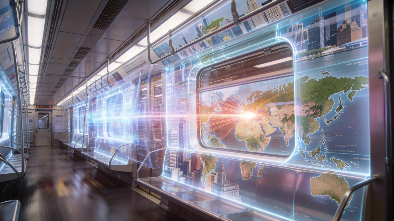 Faint glow appearing on hologram panels brightening into sweeping beam across map inside subway car