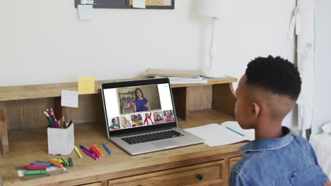 compuesto de un niño que usa una computadora portátil levantando la mano en una lección en línea, un maestro y una clase diversos en la pantalla