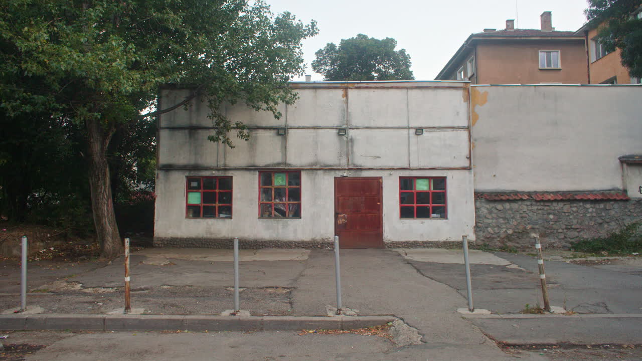 An old, dilapidated brutalist building from the communist era in Sofia, Bulgaria
