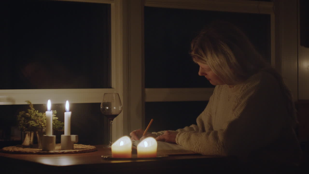 A woman in a sweater writes in a journal by candlelight, creating a warm and intimate evening setting with a cozy atmosphere.