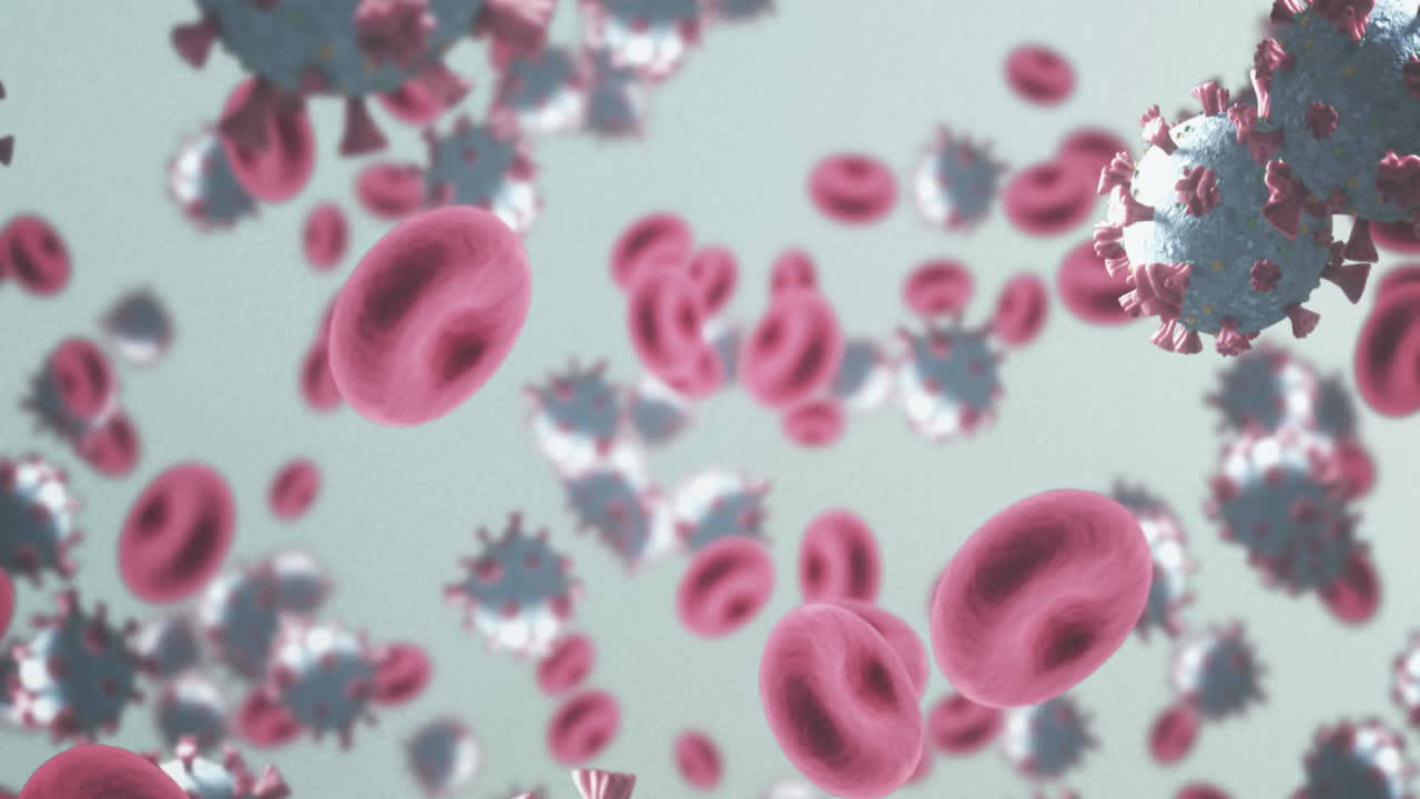Animazione di cellule COVID-19 che fluttuano su sfondo blu