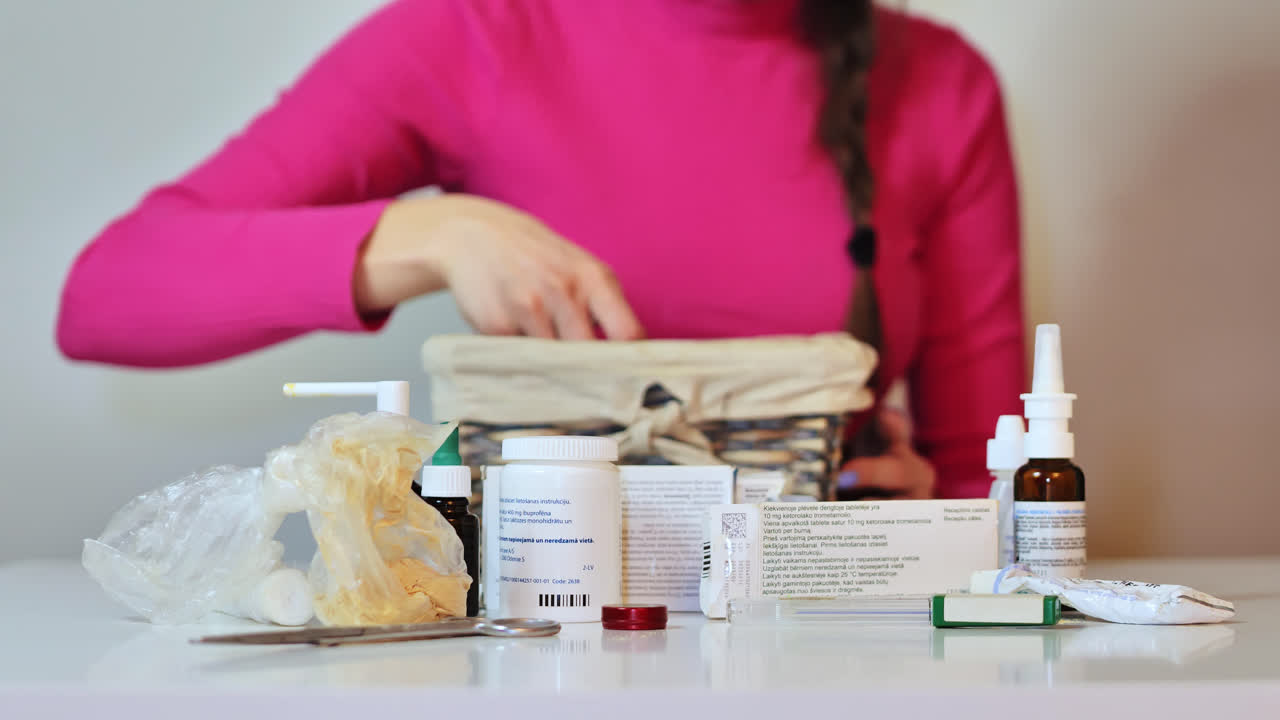 Close up of woman arranging medicine and medical items showing care and order