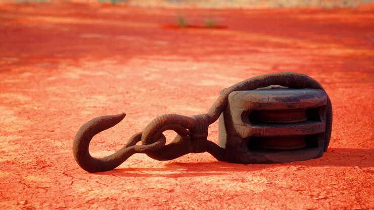Old rusty pulley with hook on red ground