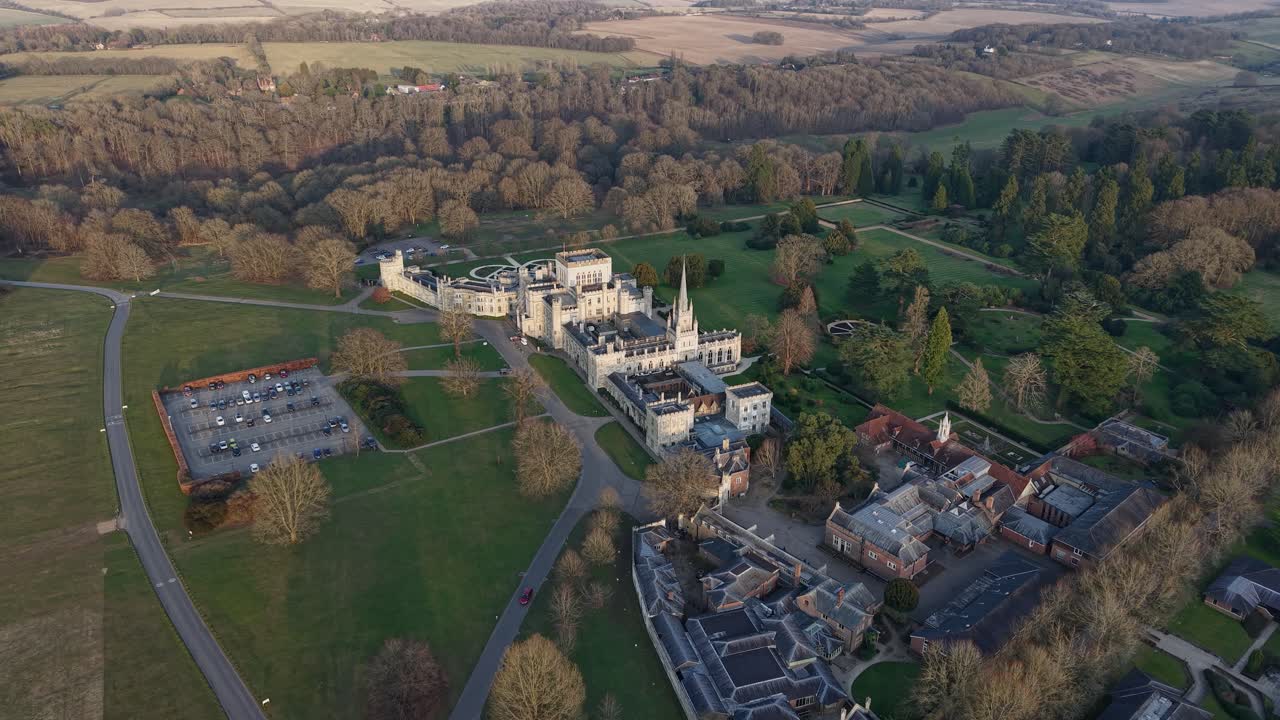 Aerial view of Ashridge House Hertfordshire UK in tranquil surroundings