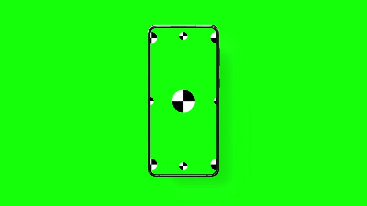 Rendering 3D di uno smartphone con schermo verde e marcatori per il tracciamento - rotazioni e movimenti del telefono, incluse posizioni verticali e orizzontali. Rendering 3D.