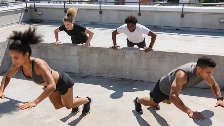 4 workout partners performing plank knee-drives and wall push-ups, hopping on rooftop in sportswear