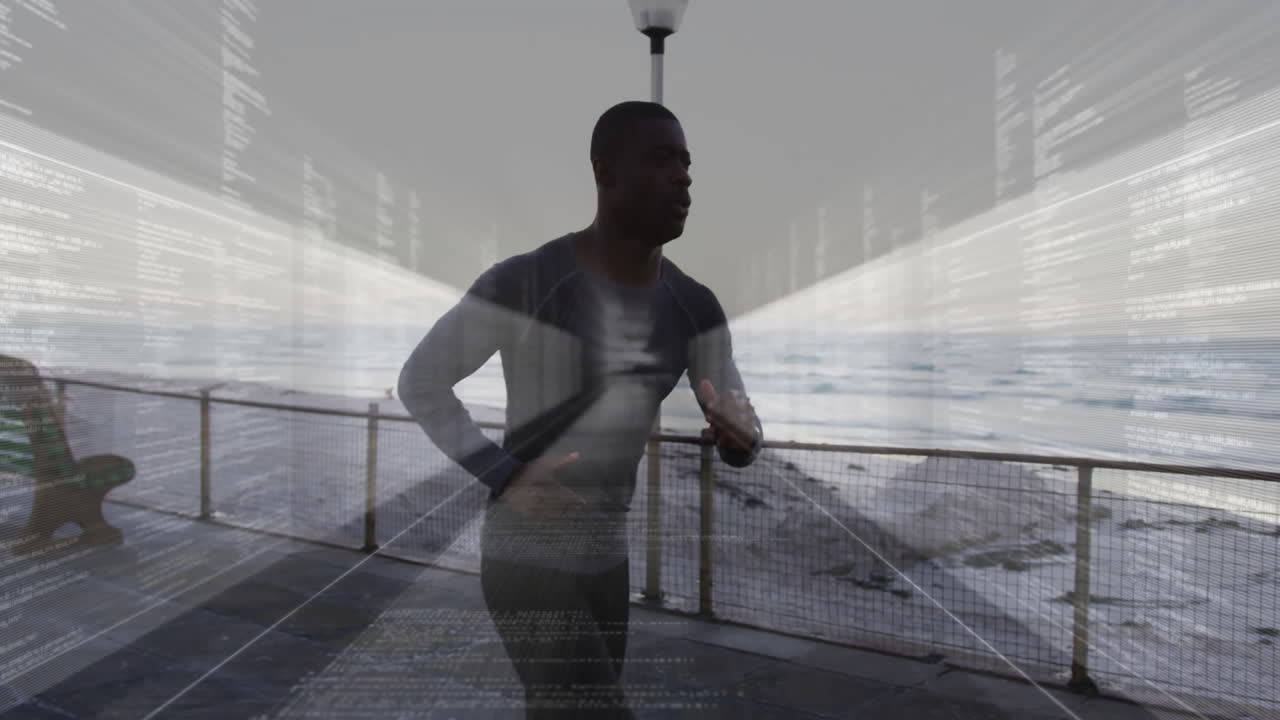Man jogging along seaside promenade with digital data overlay animation