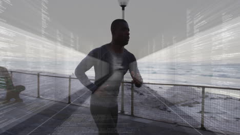 man jogging along seaside promenade with digital data overlay animation
