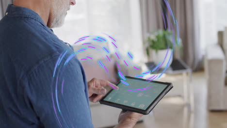 animation of purple shapes moving over caucasian man using tablet with smart home on screen