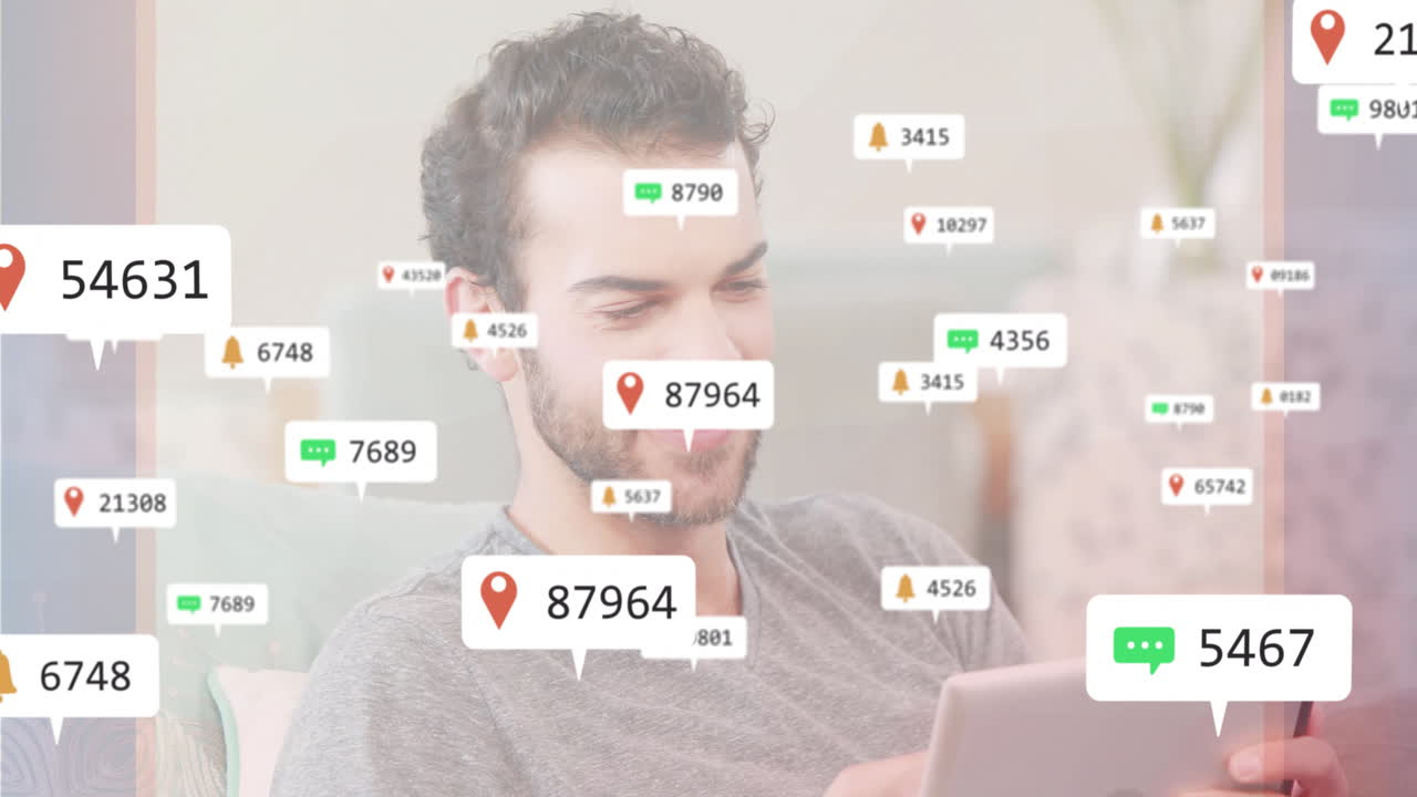 Using tablet, man viewing social media notifications and location icons animation