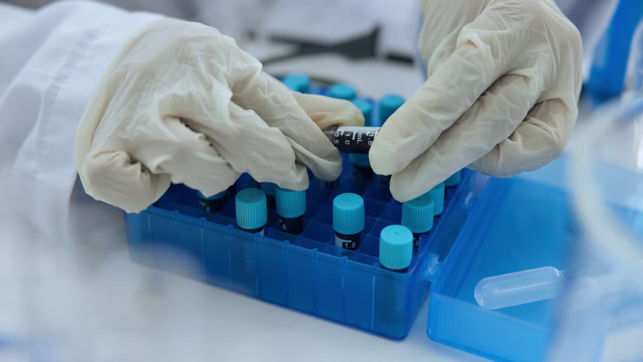 Scientist in Gloves Handling Vials in a Laboratory