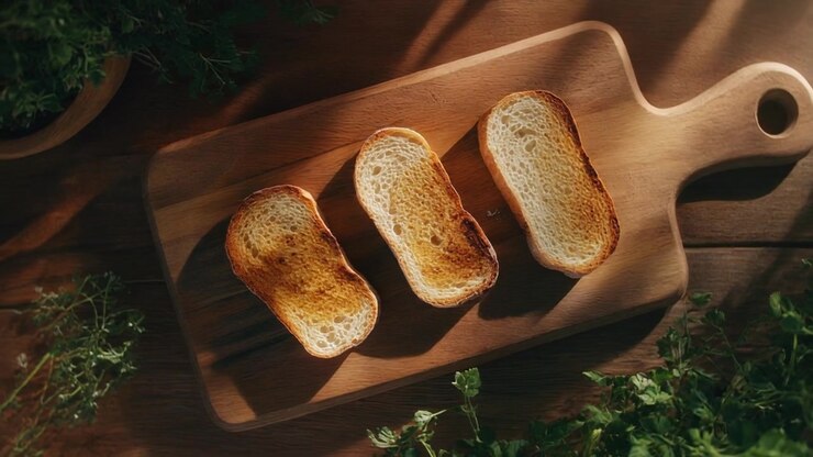 Three Slices of Toasted Bread on a Wooden Cutting Board