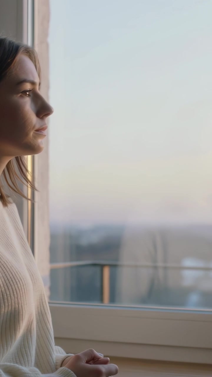 Video verticale: Donna in maglione a costine, illuminata da luce soffusa, che volge lo sguardo alla finestra, ringhiera, spazio per il testo.