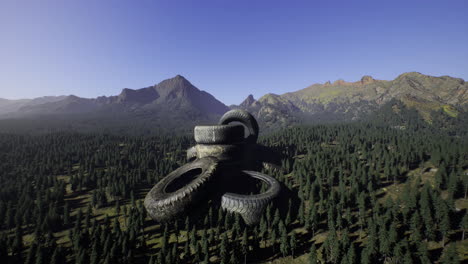 old tires stacked in a mountainous forest landscape during sunny weather