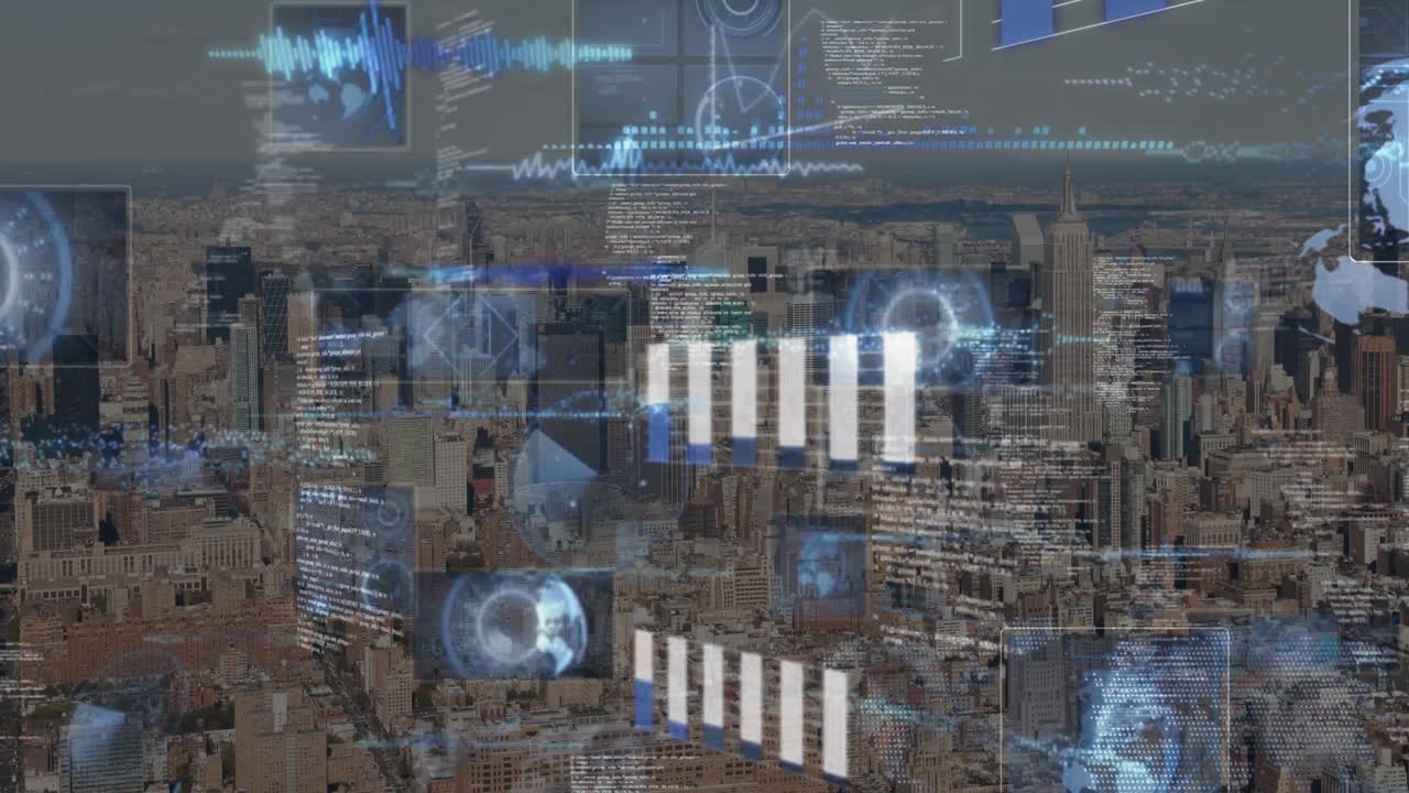 animación del procesamiento de datos frente a una vista aérea del paisaje urbano