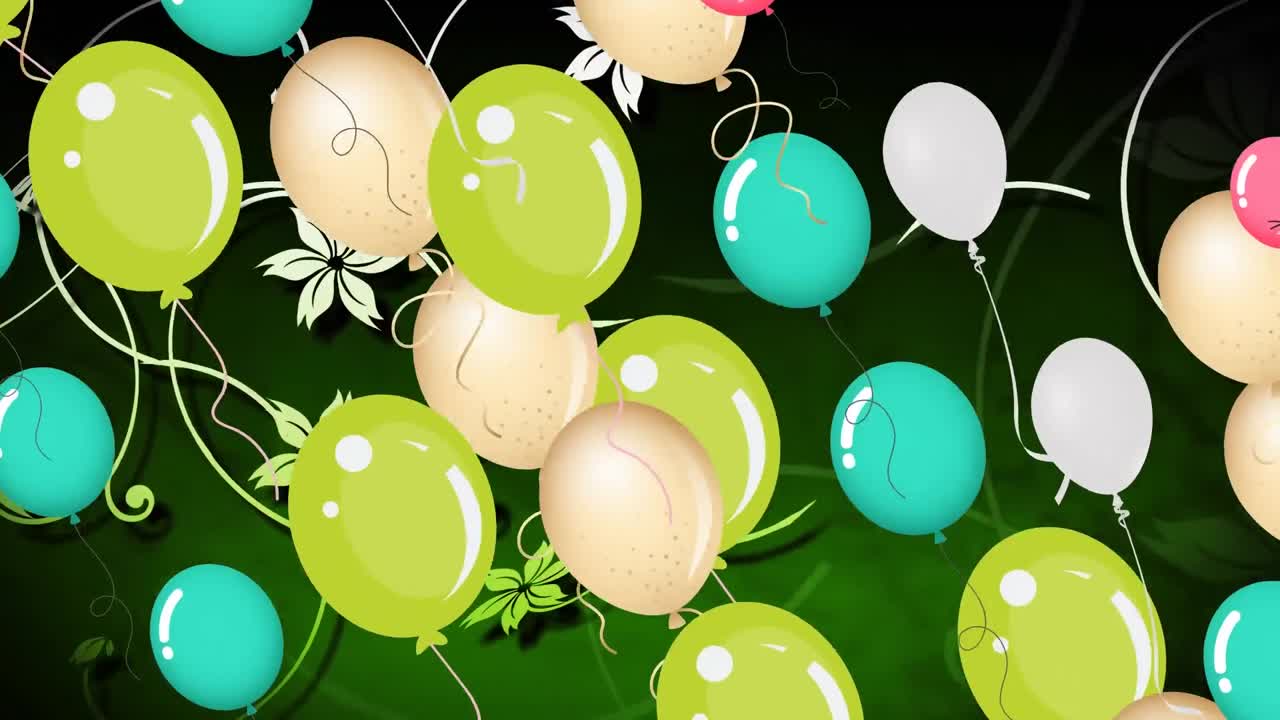 Animazione di palloncini colorati che volano e fiori su sfondo verde scuro