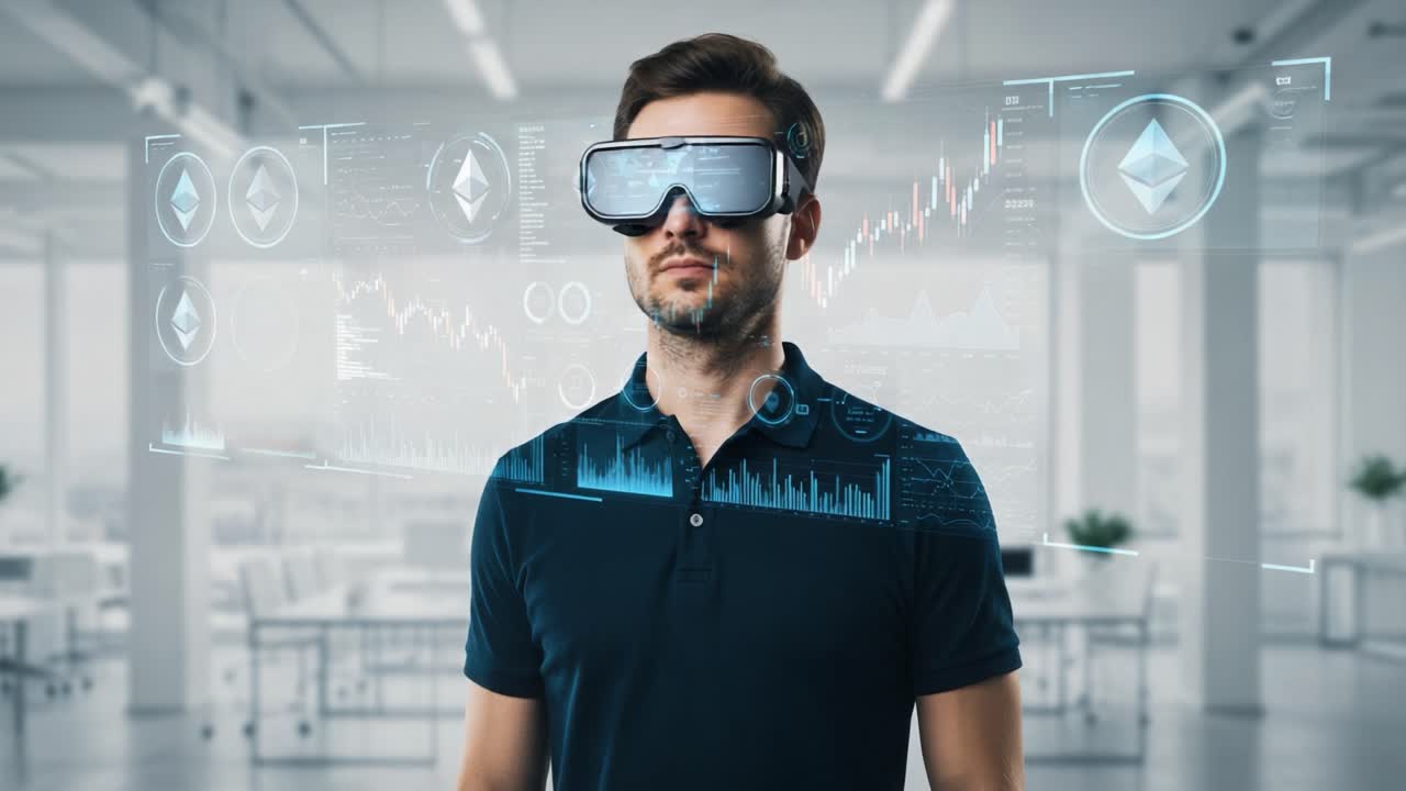 A Modern Individual Engaging with Virtual Data Through Advanced Augmented Reality Glasses in a Contemporary Office Environment