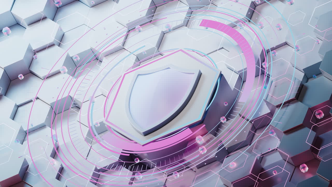 방패와 육각형 배경, 3d 렌더링