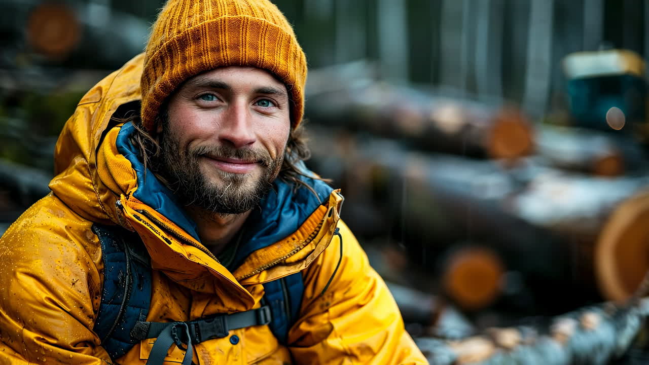 Smiling hiker in rainy forest setting. A man in a bright orange jacket and hat smiles while sitting among logs in a damp forest during a rainy day