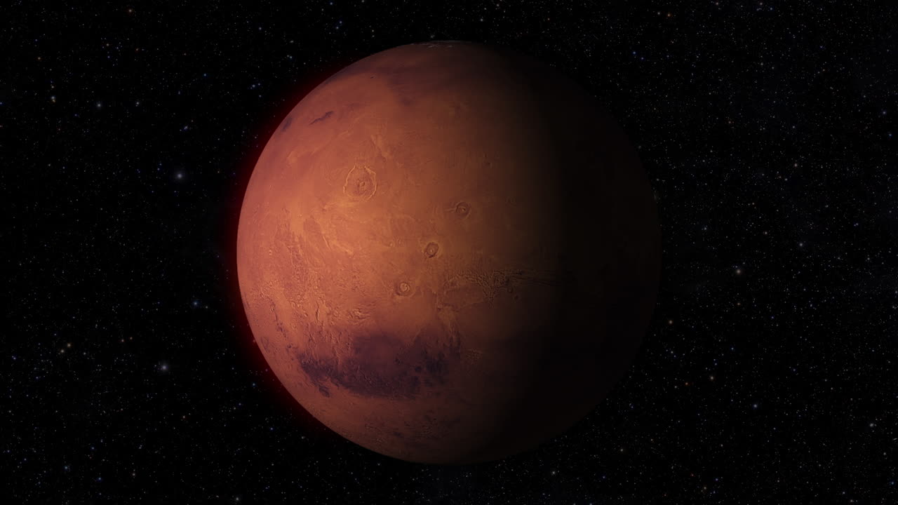 CGI composite: zooming in to planet Mars rotating, half lit with a starry background