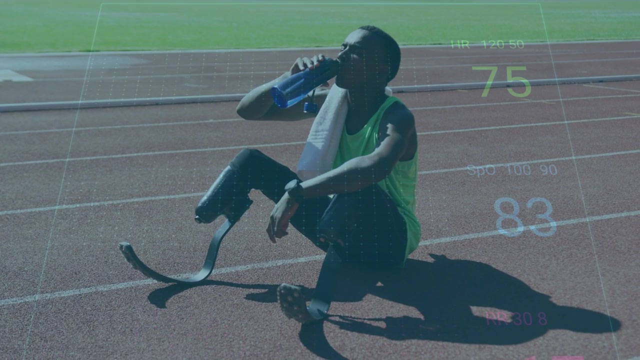 Male runner recovering drinking bottle checking watch tuning blade on sports track with HR overlays
