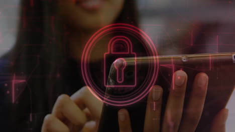 Using smartphone, person viewing animation of digital lock for security concept